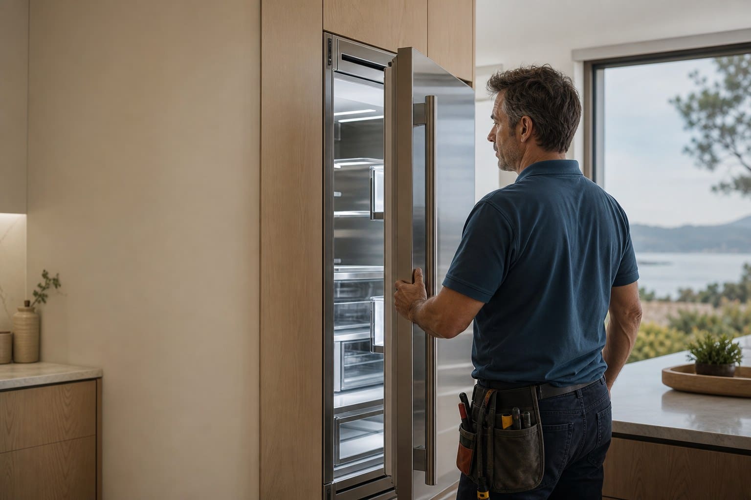 Technician opening a stainless built-in Sub-Zero refrigerator in a calm San Mateo Peninsula kitchen