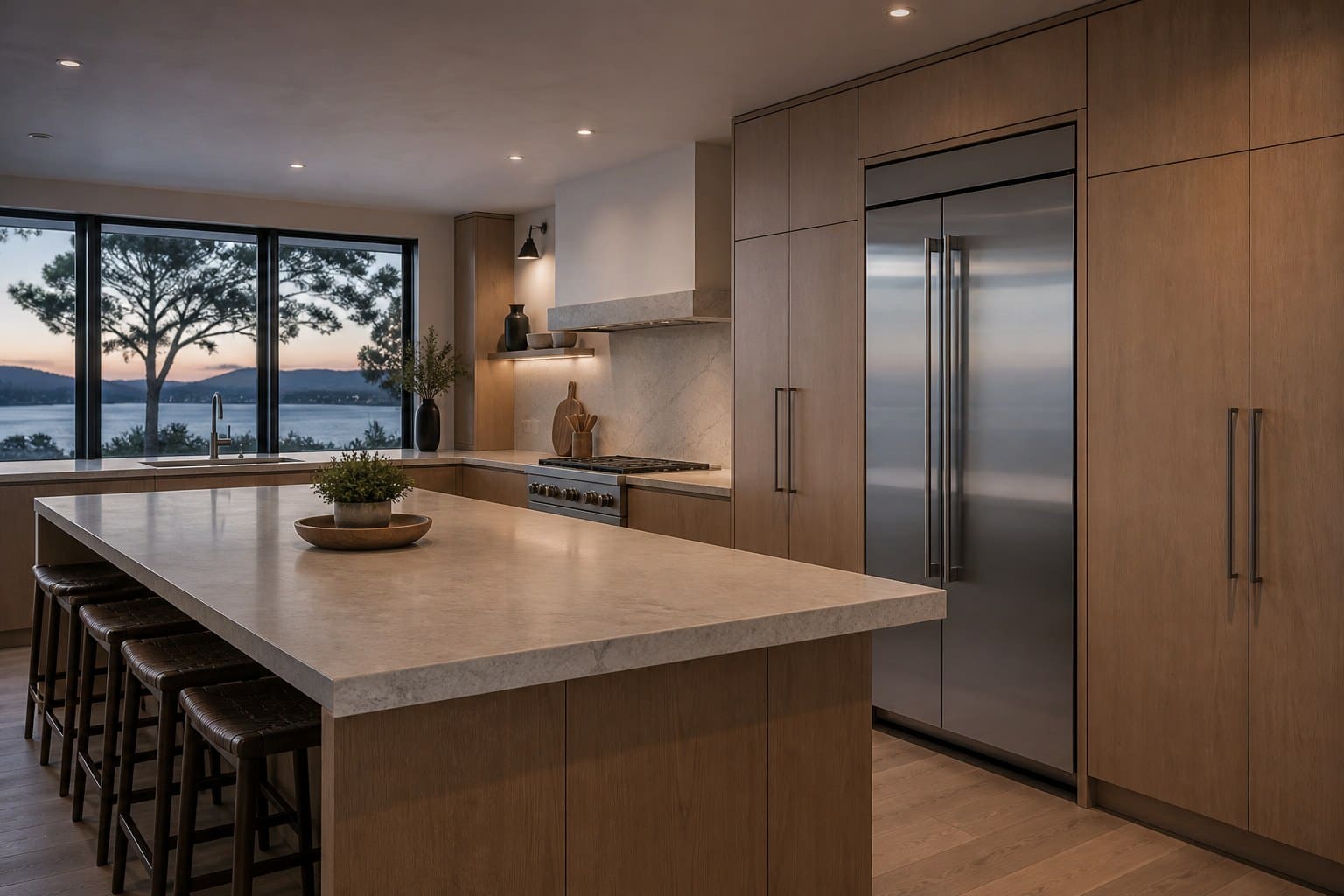 Upscale San Mateo kitchen with built-in Sub-Zero refrigeration and a Wolf range