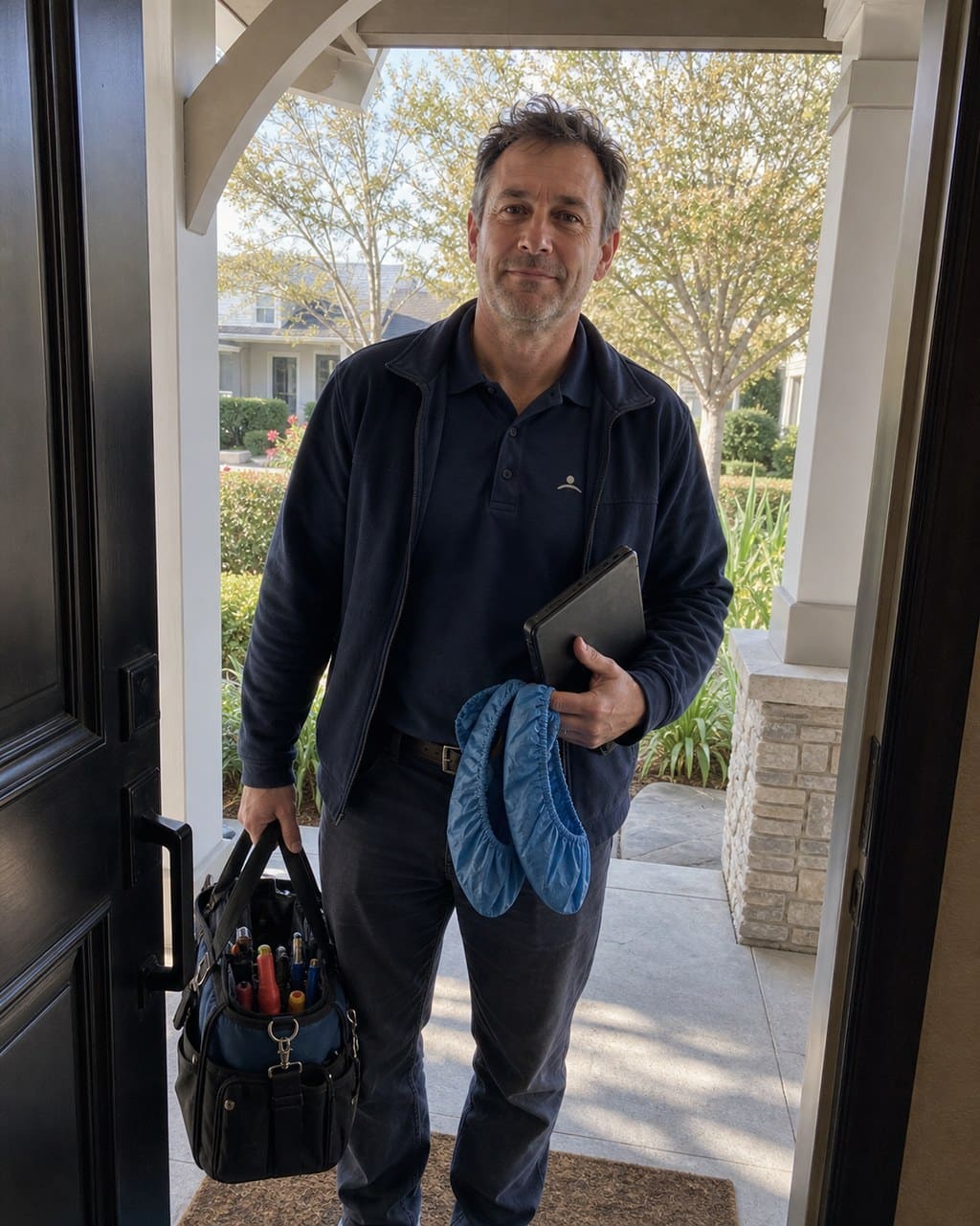 Sub-Zero San Mateo technician in a slate-blue uniform at the front door of an upscale home with a tool bag