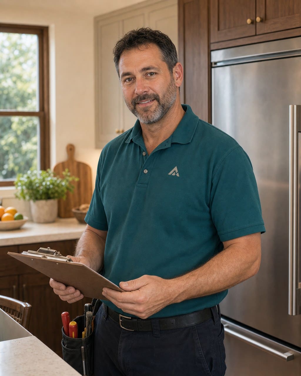 Lead Sub-Zero San Mateo technician in a slate-blue polo in a calm Peninsula kitchen