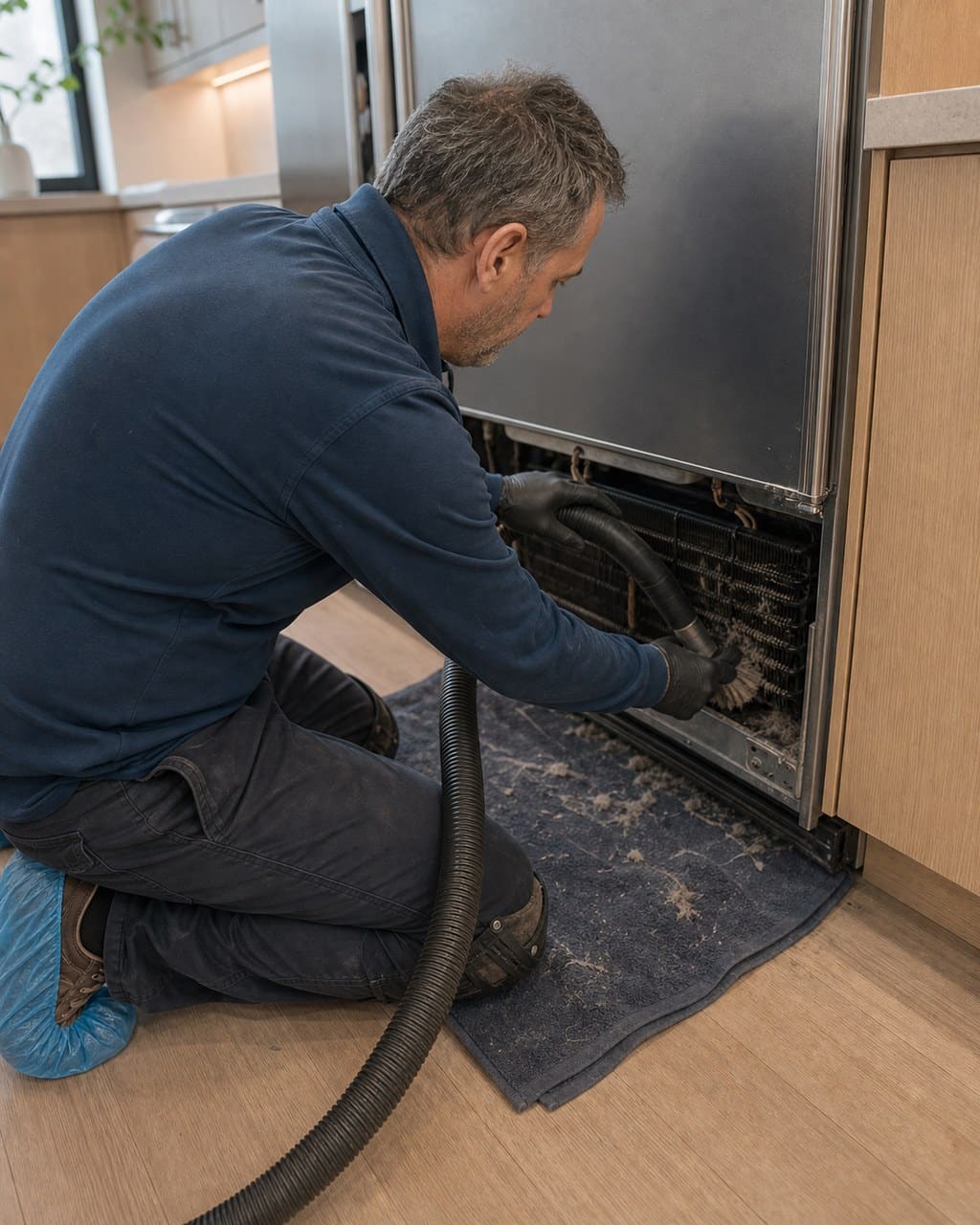Technician vacuuming dust from the condenser coil of a built-in Sub-Zero on a warm San Mateo afternoon