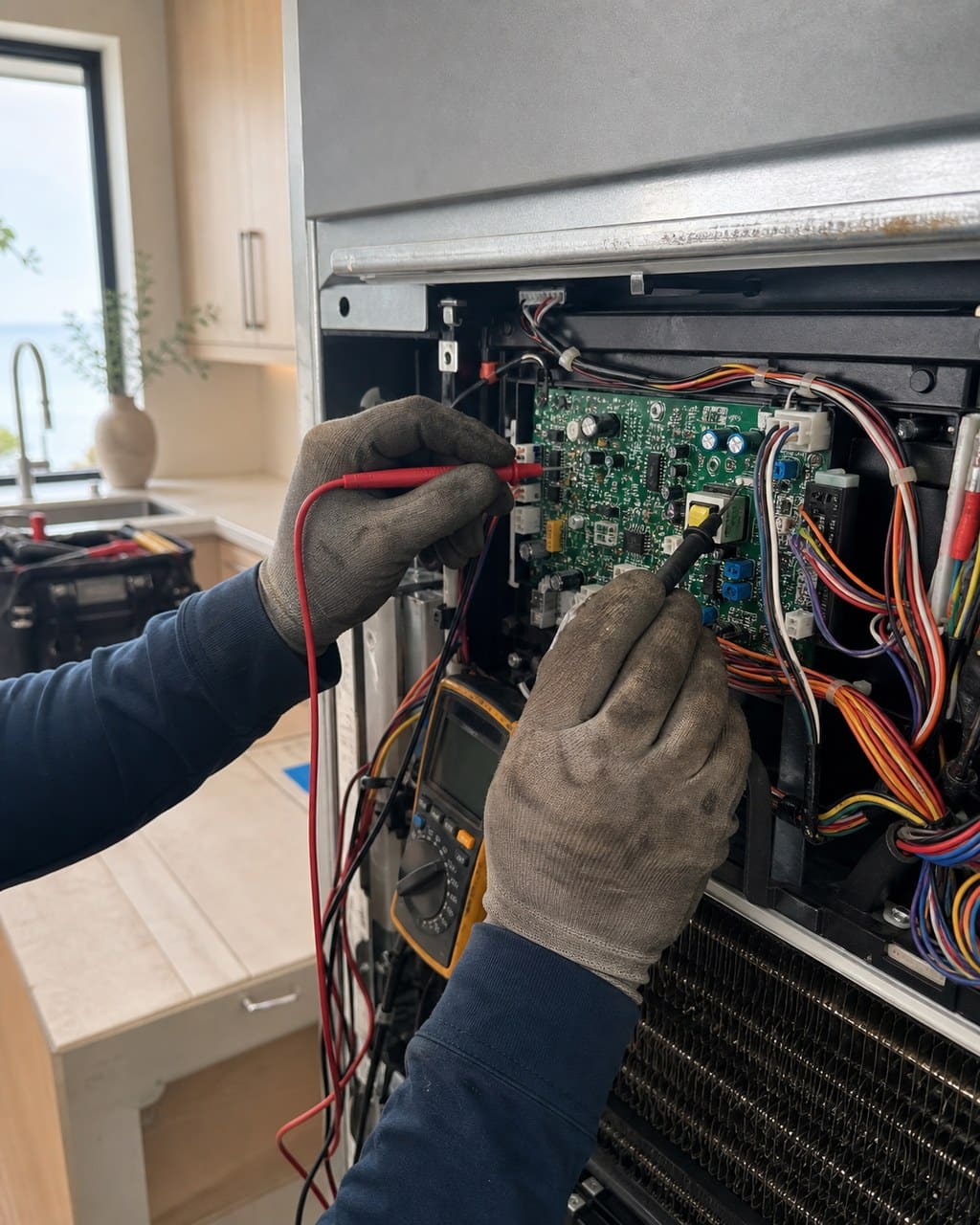 Technician reading the control board and display panel of a built-in Sub-Zero refrigerator in a San Mateo kitchen
