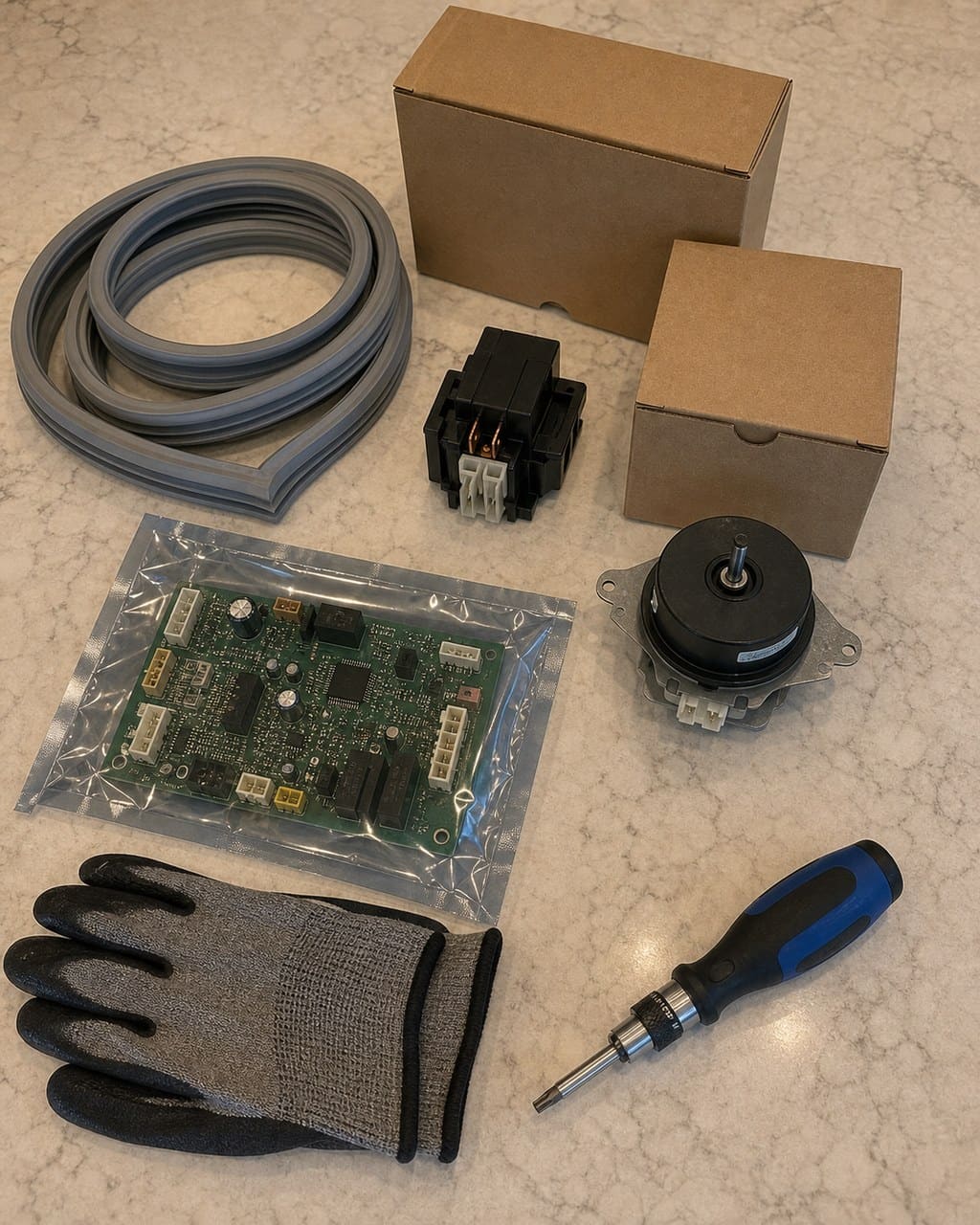 Genuine OEM Sub-Zero parts laid out on a quartz counter: relay, fan motor, gasket and control board