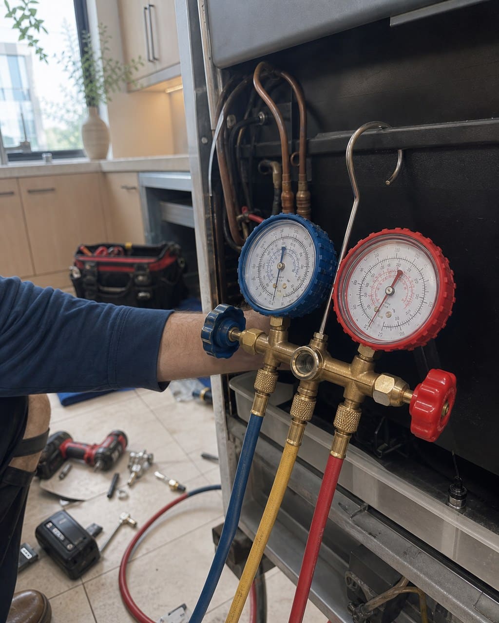 Refrigeration manifold gauges connected to the sealed system of a built-in Sub-Zero refrigerator